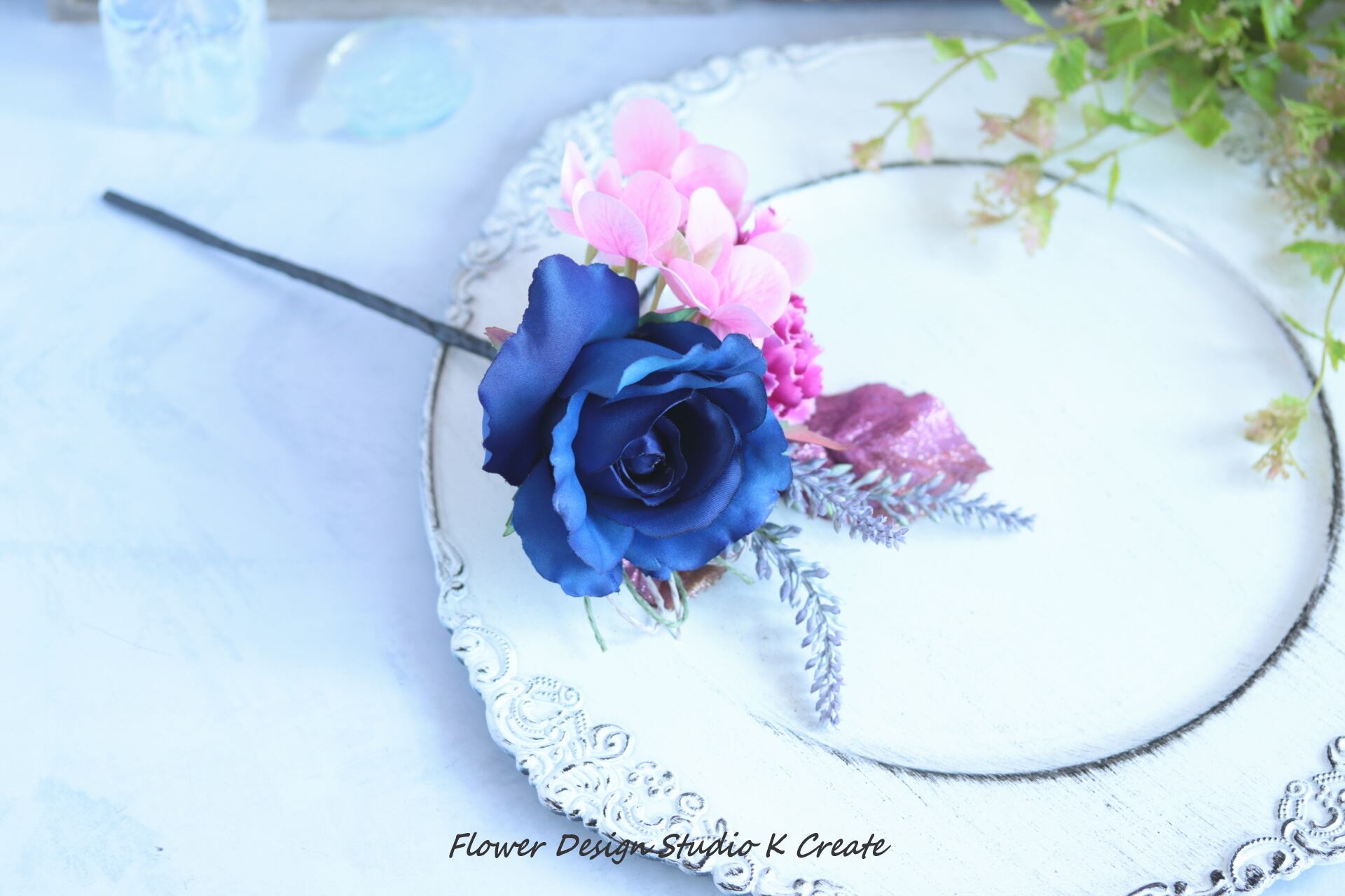 ネイビーの薔薇とカーネーションのブーケ風の髪飾り フラメンコ ダンス