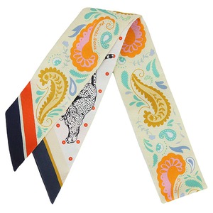 New HERMES エルメス ツイリー チーターバンダナ ジョーヌスフル オレンジ グリーン スカーフ バンダナ ストール リボンスカーフ 新品