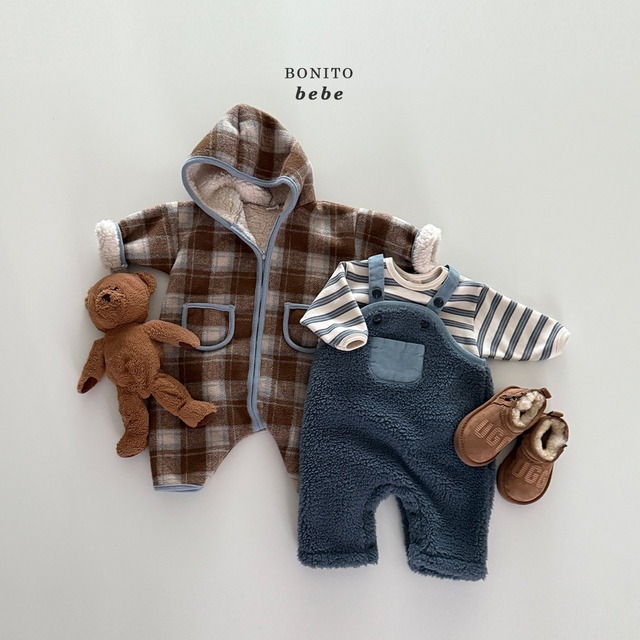 [即納12M]≪BONITO≫Check Fleece Hooded Suit brown (Baby)83