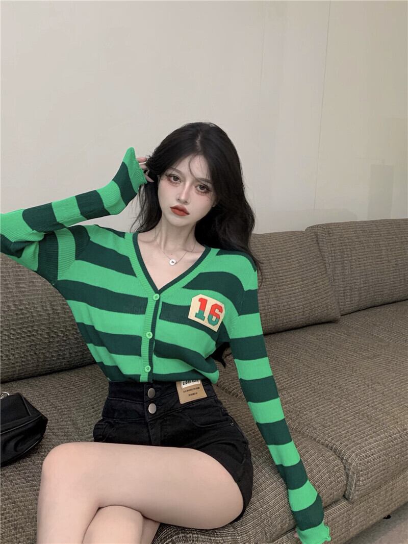 グリーンストライプニットカーディガンジャケット サマー薄手シャツ ショートトップス ロング 夏物 ブラックストロベリース42883040421