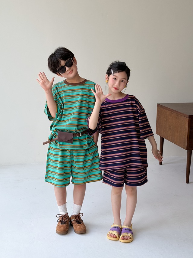 【セット】ストライプ半袖Tシャツハーフパンツセットアップ - 11