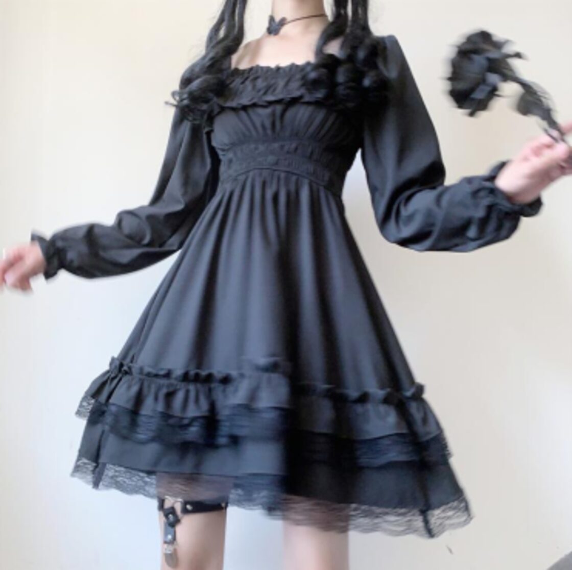 森ガール】ロリータ ワンピース 黒 ゴシック フリル ハイウエスト