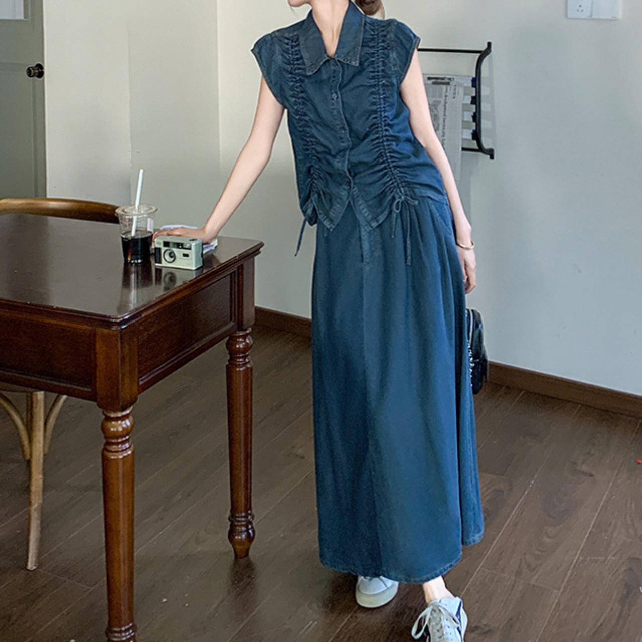 Shirred denim top and skirt set S1447