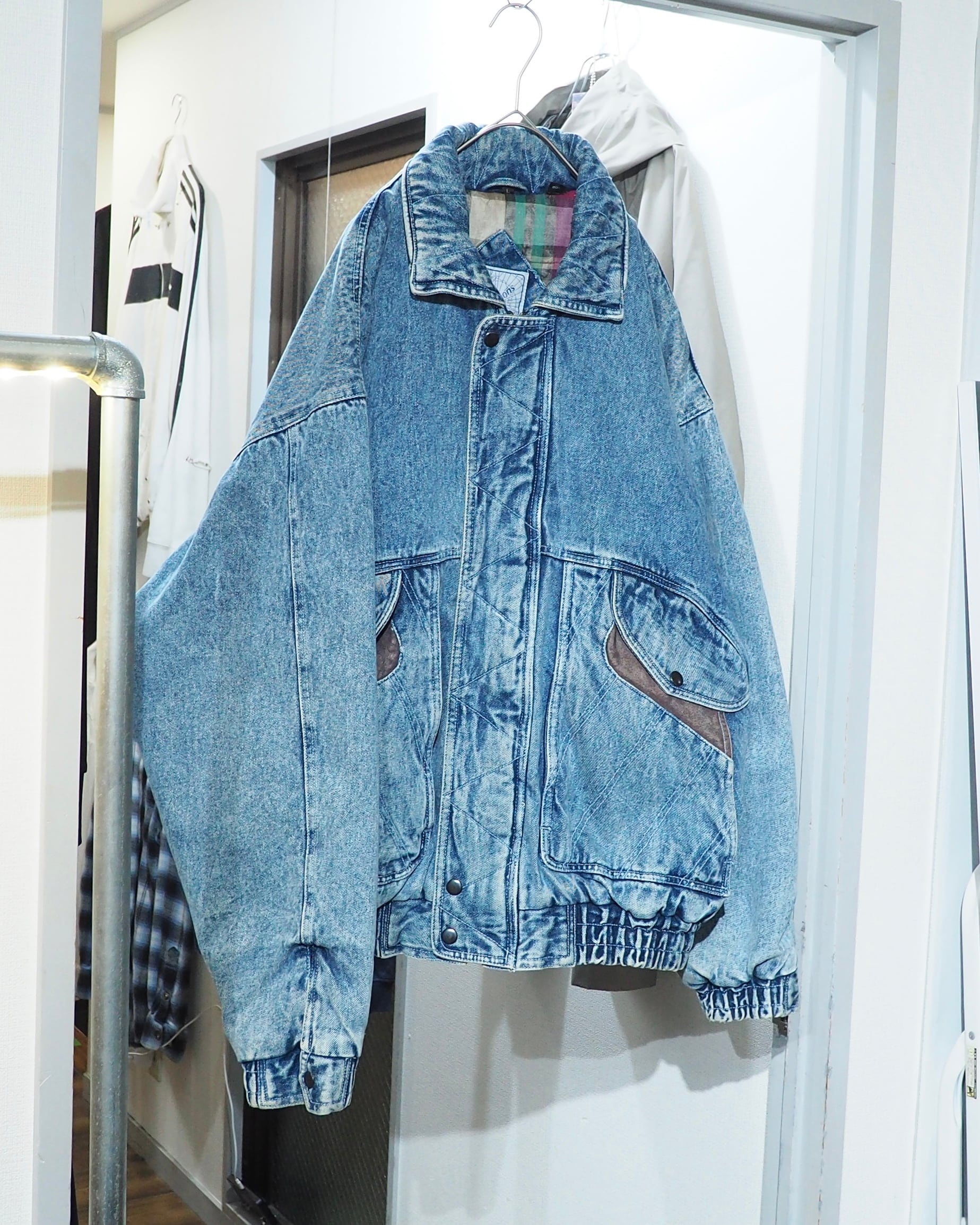 1980s Beautiful Ice Blue × leather docking Over silhouette vintage Denim jacket