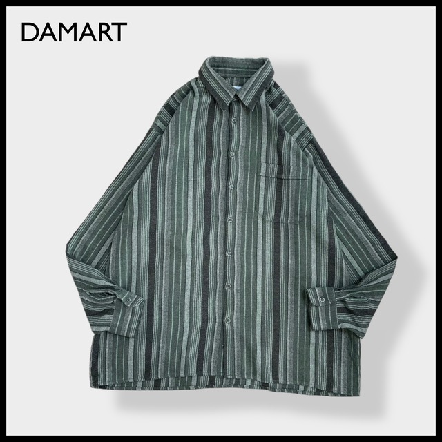 【DAMART】ストライプシャツ 長袖シャツ アースカラー グリーン系 マルチストライプ ウール コットン ブレンド素材 XL ビッグシルエット US古着