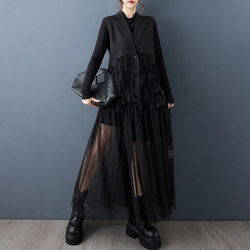 sheer tulle long vest onepiece / l0757