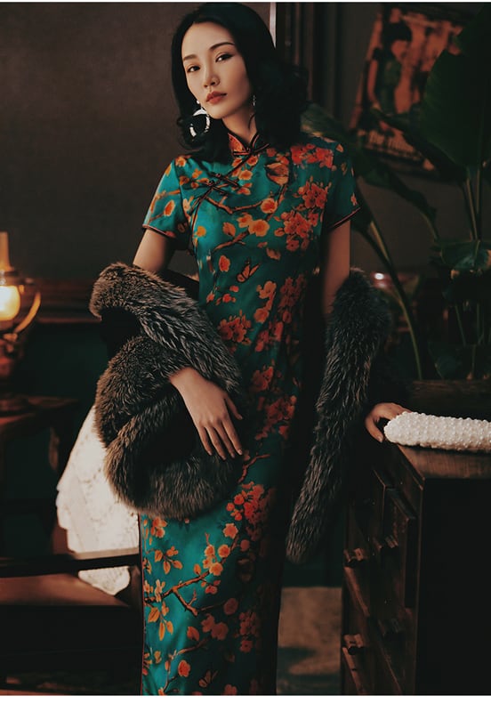 高級品・シルク】 ロング丈チャイナドレス チャイナ風ワンピース  