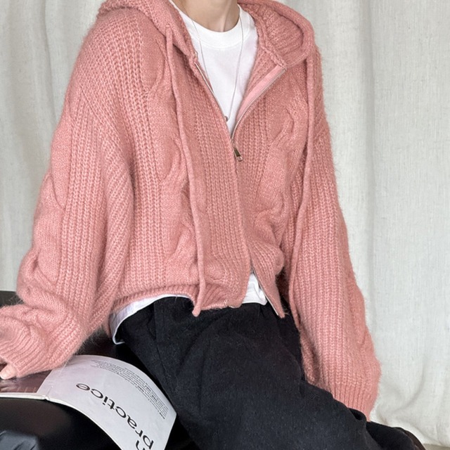 zip-up hooded knit cardigan J00038