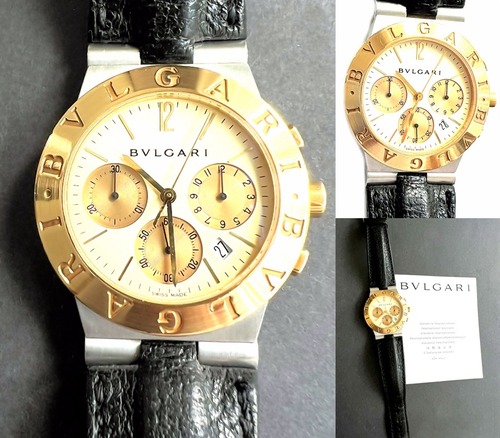 BVLGARI　ブルガリ　K18 YG ゴールド　コンビ　ディアゴノ　クロノグラフ　ブラック　デイト　メンズ　レザー　時計　純正