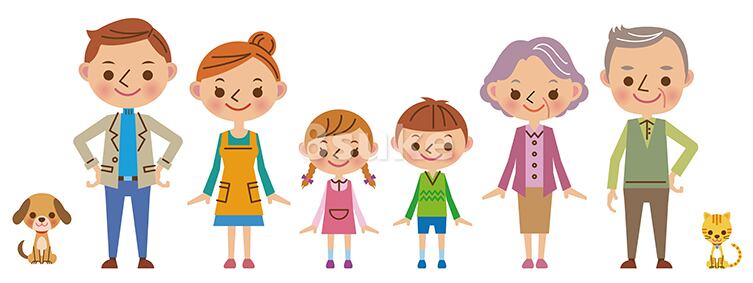 かわいい人物イラスト素材:3世代家族とペット2匹(ベクター・JPG)