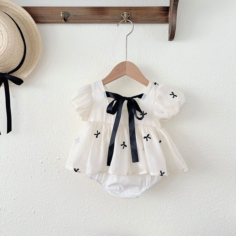 【BABY】夏新作パフスリーブリボンロンパース