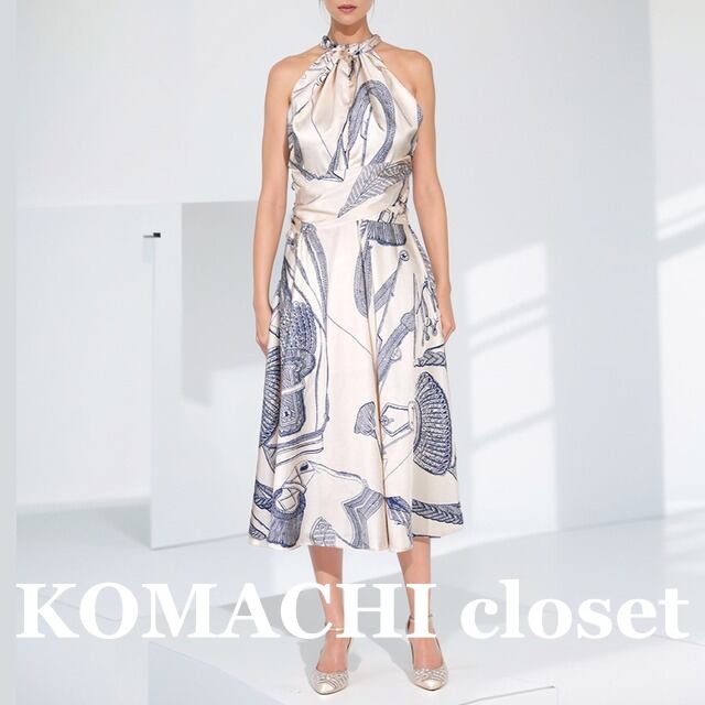 【送料無料】 プリントドレス プリントワンピース ホルターネック フレンチアート ワンピース ノースリーブ ミモレ丈 Aライン ハイウエスト スリム 細身 韓国 レディース かわいい 可愛い 大人可愛い 大人女子 きれいめ カジュアル 大人 気品 上品 おしゃれ お洒落 こなれ感 きちんと 大人女子 クール エレガント モダン フェミニン S M L XL 夏 オルチャン 20代 30代 40代 お呼ばれ 女子会 デート お泊まり ショッピング レストラン コーデ トレンド 脚長 美脚