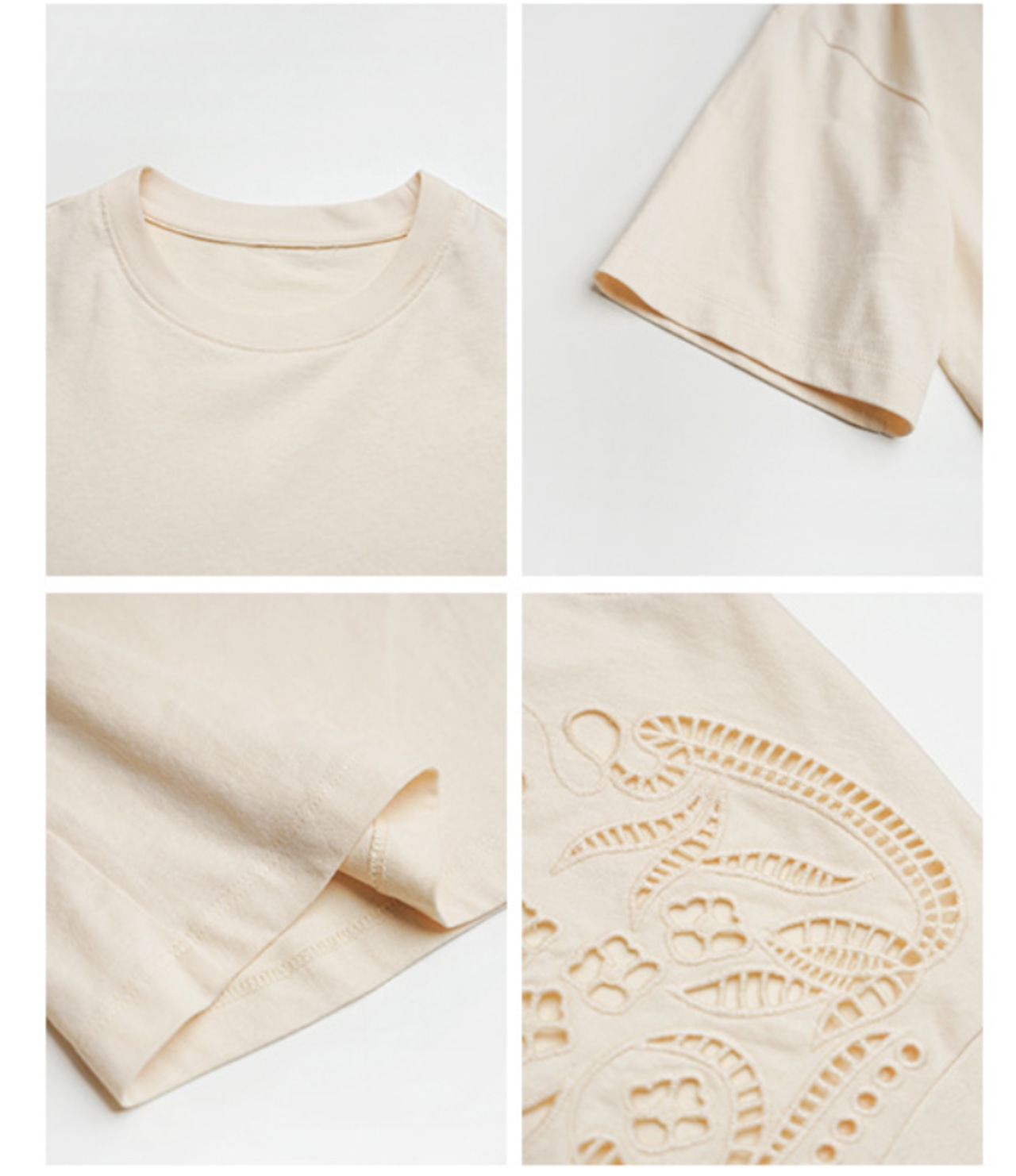 カットワーク刺繍コットンTシャツ — 甘さを抑えた、大人の刺繍トップス —