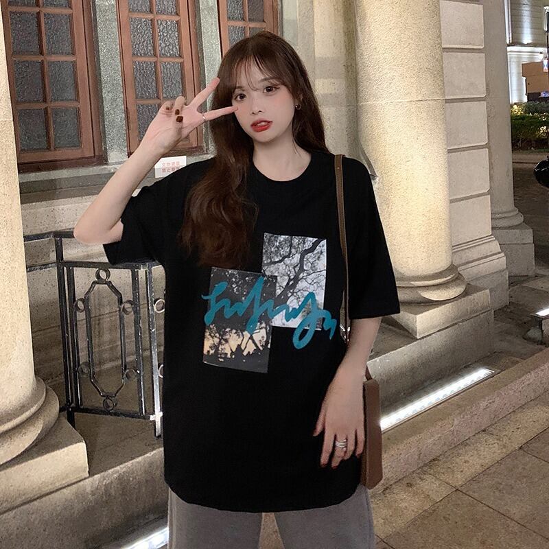 スタンダードプリントTシャツ レディーススプリングサマールーズ薄手プルオーバー ラウンドネックトップス レトロ 春物 夏物 Oネック YY-ファッション92050149637