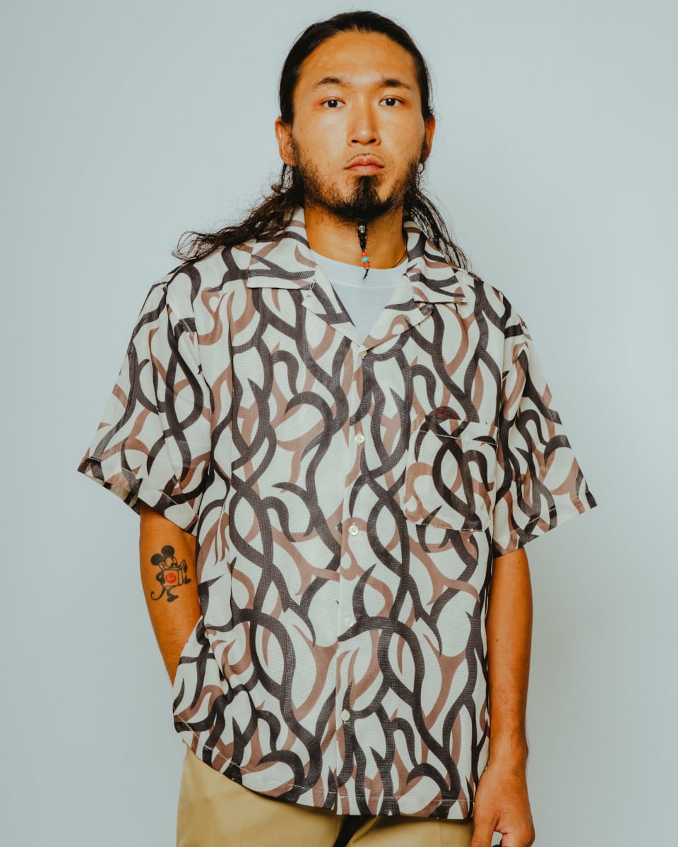Mesh Tribal Camo Open Slit S/S Shirts - 102625550 | 【BIG MIKE