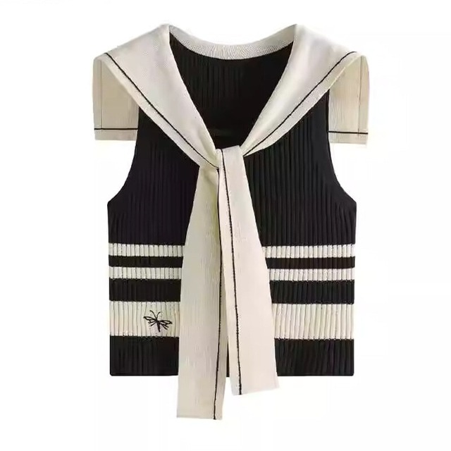 Sailor collar sleeveless bicolor knit　B2925
