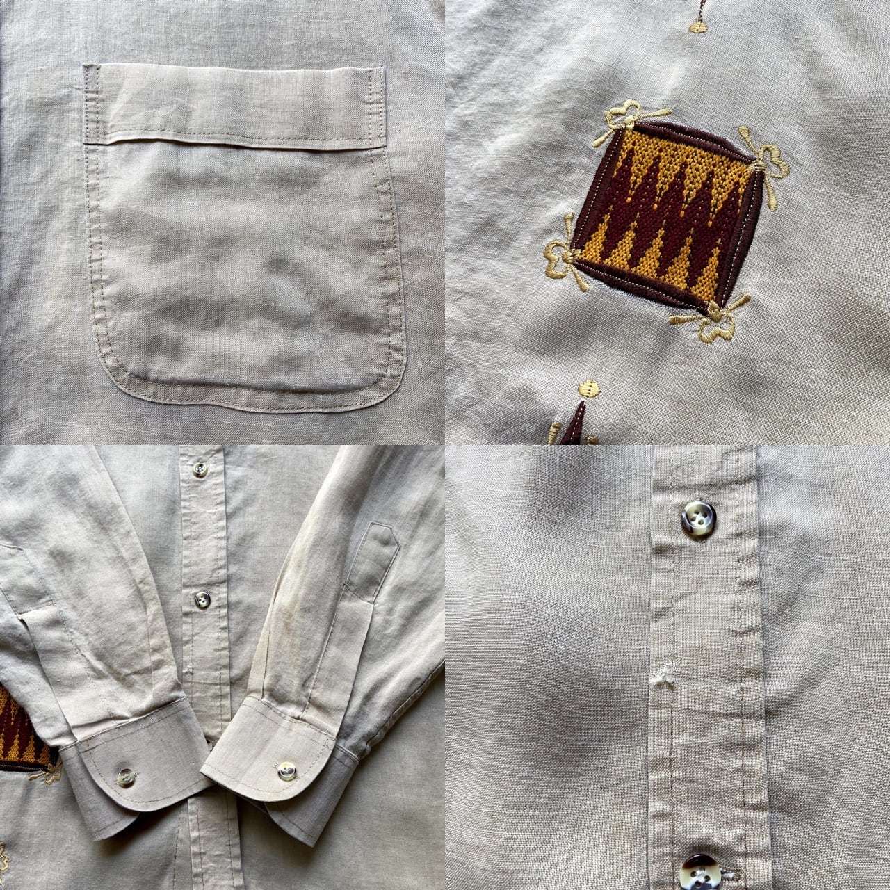 ユーロ 刺繍デザイン 長袖 リネンシャツ メンズXL相当 古着