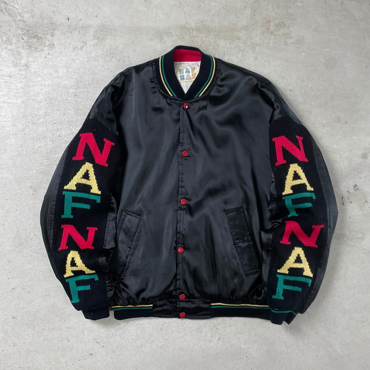 NAFNAF ラスタカラー ナイロンスタジャン ニット切り替え メッセージ 