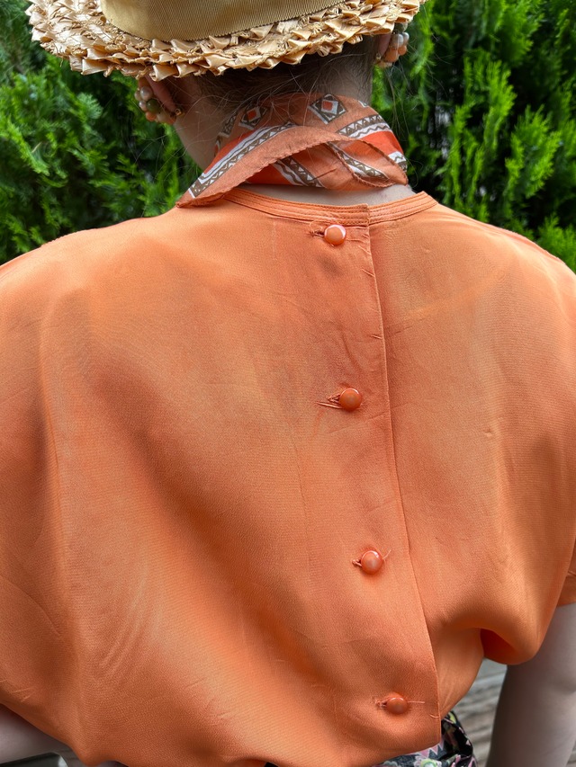 40's orange color rayon blouse