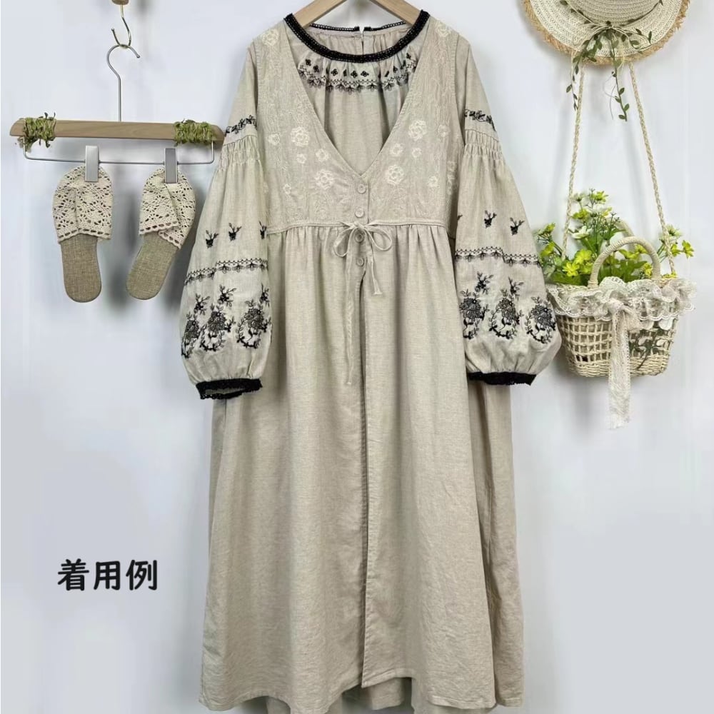 袖刺繍 ウエストリボンワンピース Y 10948 | Raglana 袖刺繍 ウエストリボンワンピース Y 10948 | Raglana