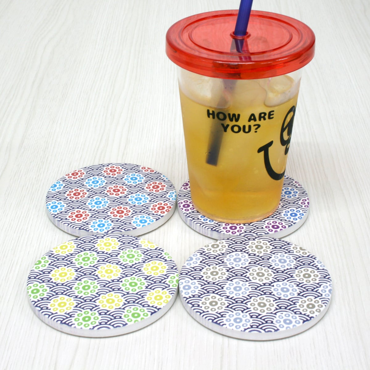 珪藻土コースター 吸水 日本伝統文様 和柄 青海波×九曜 4デザイン