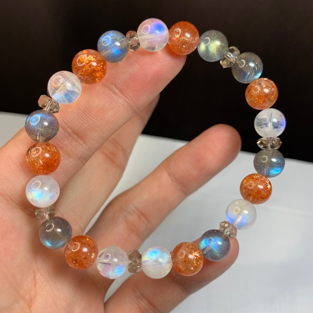 最高峰☆ホワイトラブラドライト×ラブラドライト×サンストーン☆長石ミックス☆デザインブレスレット
