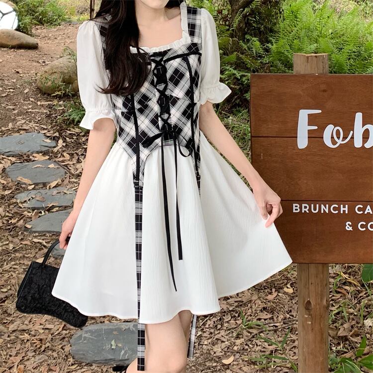 ワンピース レディース フェイクツーピース ミニワンピース ドッキングワンピース ミニ丈 ショート丈 膝上 半袖 スクエアネック 切り替え ドッキング 裾フレア レースアップ フリル かわいい 大人可愛い カジュアル 清楚 フェミニン おしゃれ 綺麗 お嬢様 こなれ感 ラブリー キュート ガーリー 個性的 モダン アンティーク 抜け感 華やか 存在感 チェック柄 学生 デート お出かけ 女子会 休日 S M L XL 2XL 3XL 4XL 大きいサイズ 春 夏 10代 20代 韓国 韓国系 送料無料