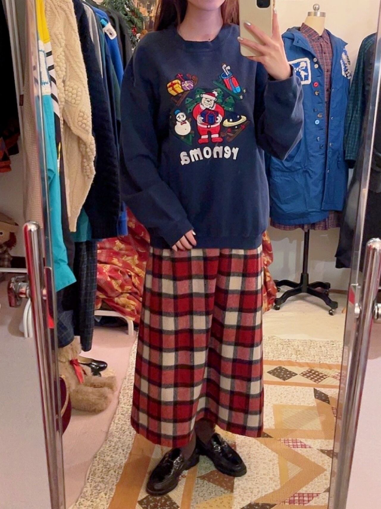 red block check wool long skirt