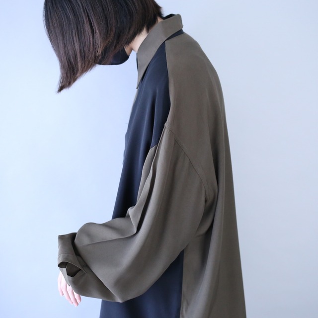 "black×khaki" bi-color switching design loose silhouette shirt