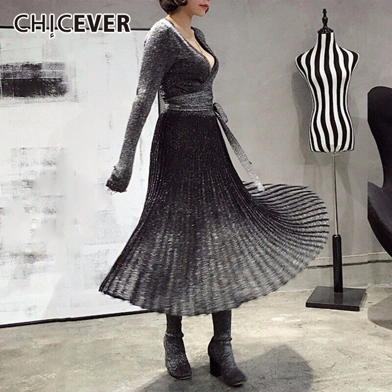 CHICEVERヴィンテージオータムドレスレディースチュニックプリーツレースアップ長袖バンデージレディースドレス黒服2020 ロング ブラック 秋物 ビンテージ 6base547482965186