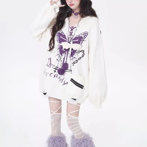 ポンポンコードフードレースアップバタフライジッパーホワイトニット（lli_6373）