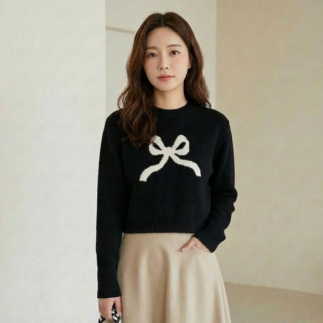 リボンデザインクロップド丈ニット　L1127