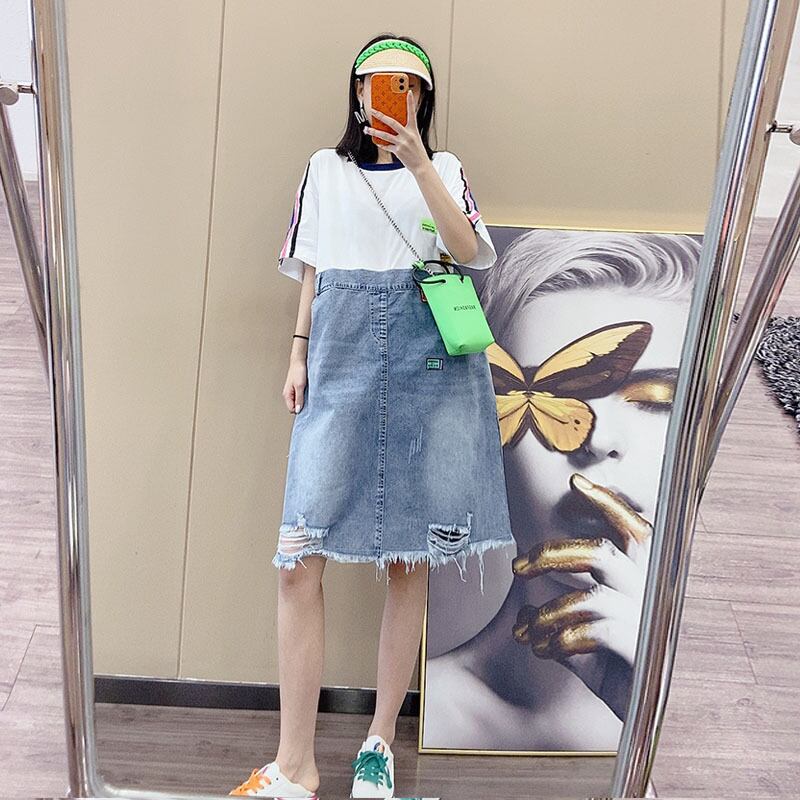 サマーラウンドネックストライプドレス スタイル薄手スカート 大きめサイズ 夏物 Oネック ステッチ ミックスインファッション32703553178