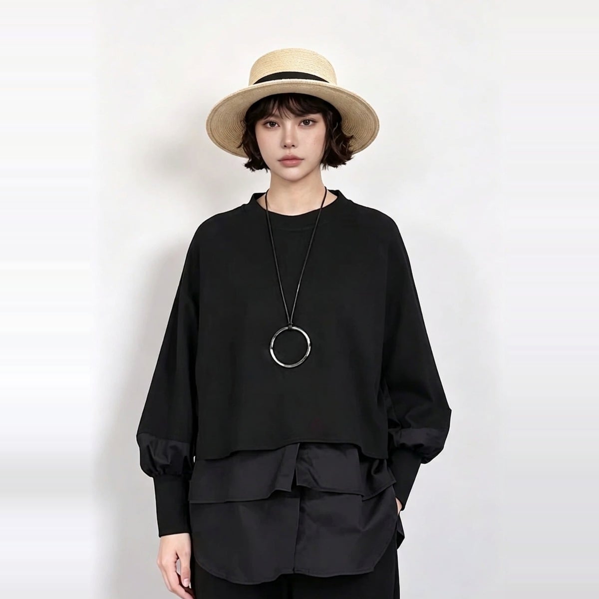 シャツ裾レイヤード風 バルーンスリーブ プルオーバー 1color PU0518