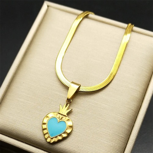 チョーカー ペンダント ネックレス  ステンレス 青 ブルー チェーン クラウン ハート LOVE レディース ファッション エナメル