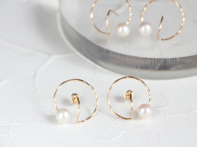 14kgf-double circle pearl pierced earrings