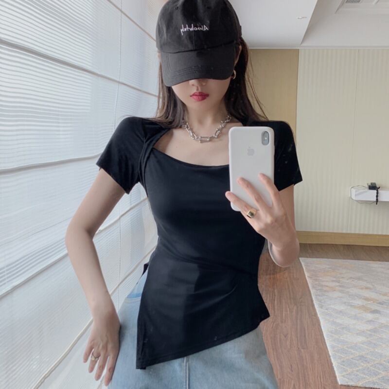 Tシャツ レディーススリムトップス スクウェア ハンチェンe40227502904