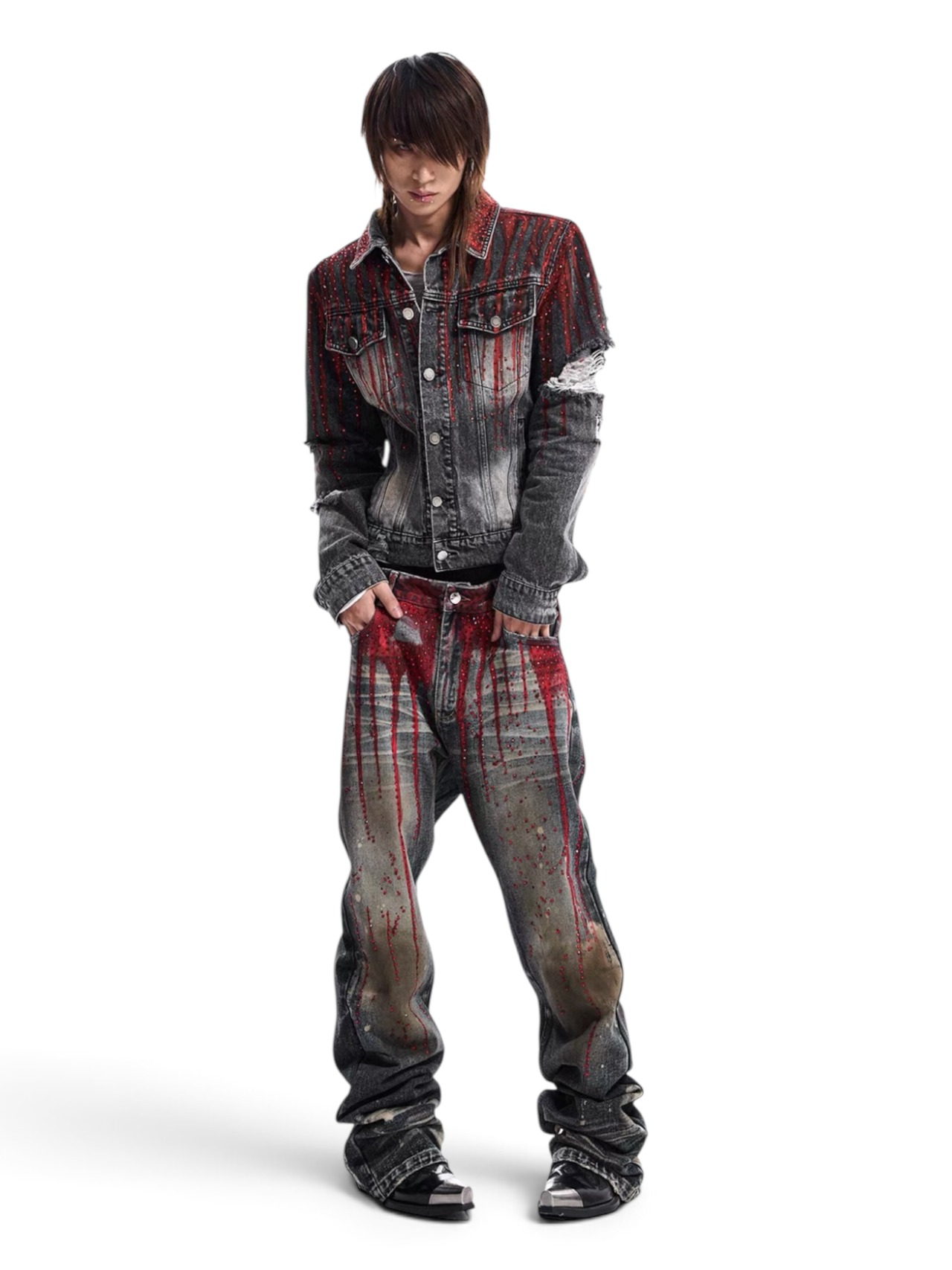 【STARTEXCEEDEND】RHINESTONE BLOOD WASH DISTRESSED DENIM JACKET