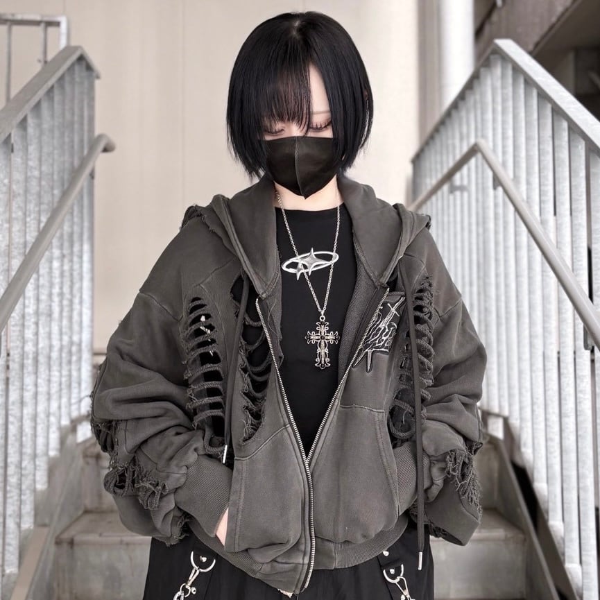 【Backstage pass】DESTROY HOODIE-VEIN-S(デストロイフーディー ヴェイン-エス) スケルトンダメージ ジップアップ クラッシュパーカー    NGS5516  パーカー ユニセックス サブカル 地雷系