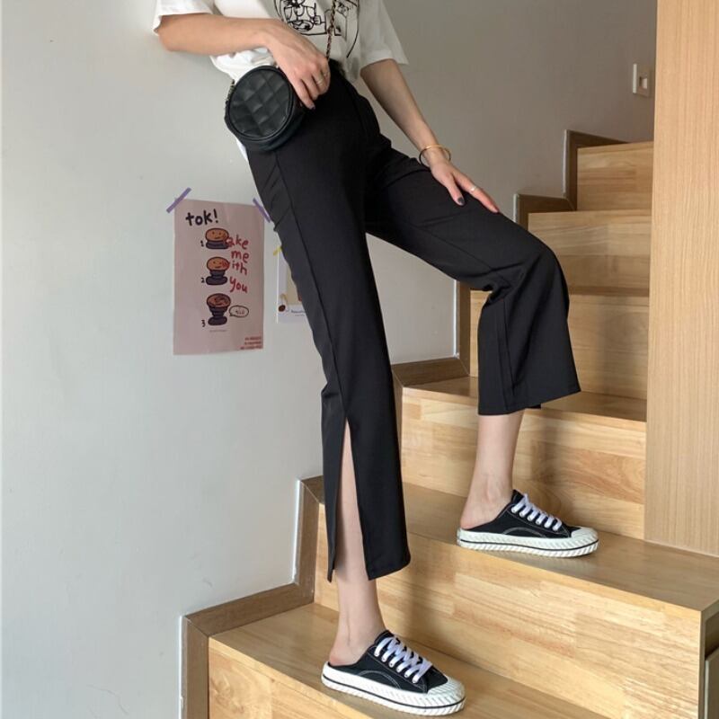 2020年秋冬新バージョンのブラックスリットハイウエストカジュアルパンツレディースシンオールマッチストレートレッグパンツ9点ベルボトムパンツ YY-ファッション95247754635