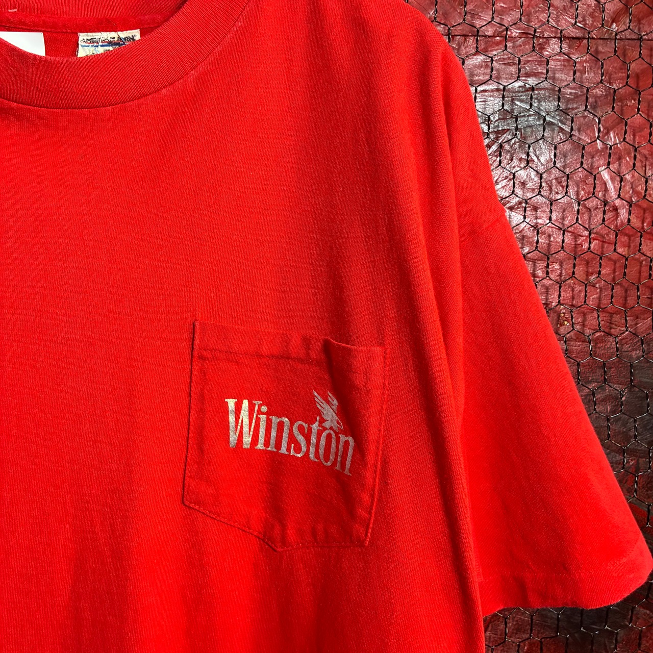 90s USA製 Winston ポケットTシャツ　赤　バック発泡プリントイーグル　タバコTシャツ
