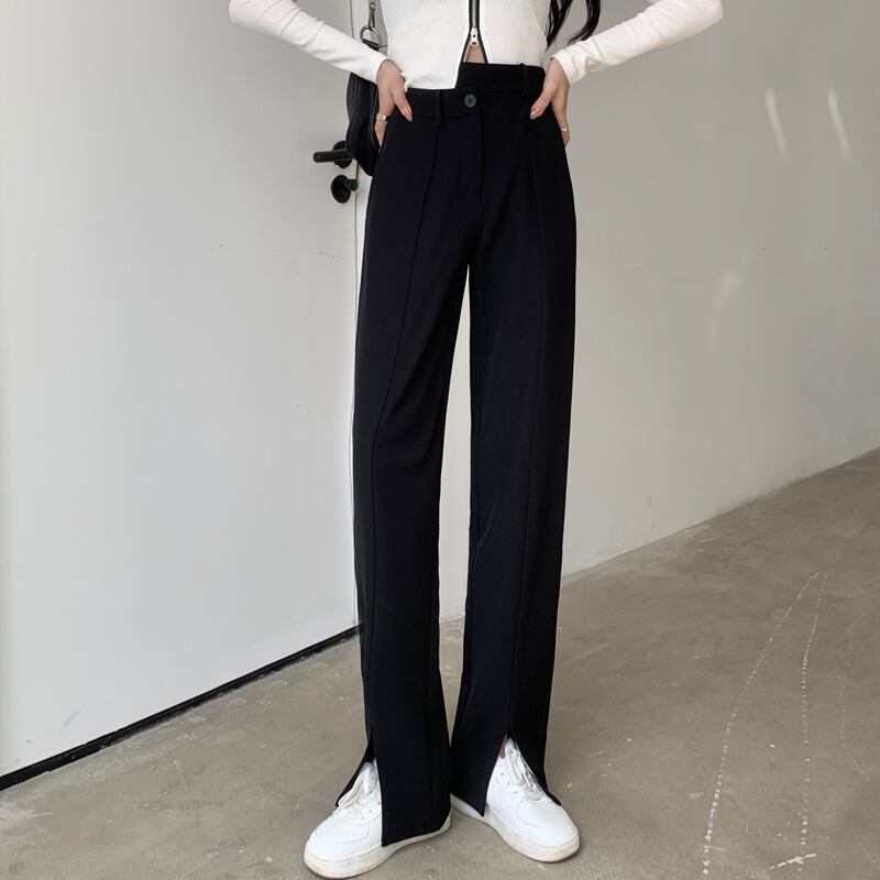 パンツ レディーススプリングハイウェストウェストスリムカジュアルブラック 春物 試着室48583633075