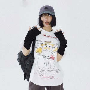 STILL YOUオリジナル落書き天使と悪魔プリント半袖Tシャツ