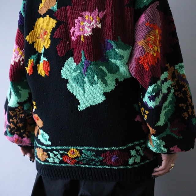 flower art full pattern over silhouette cotton knit jacket