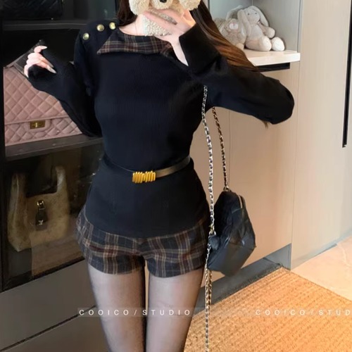 【3点セット】アシメチェックカラーニット＋チェックショートパンツ＋ベルト ・73841