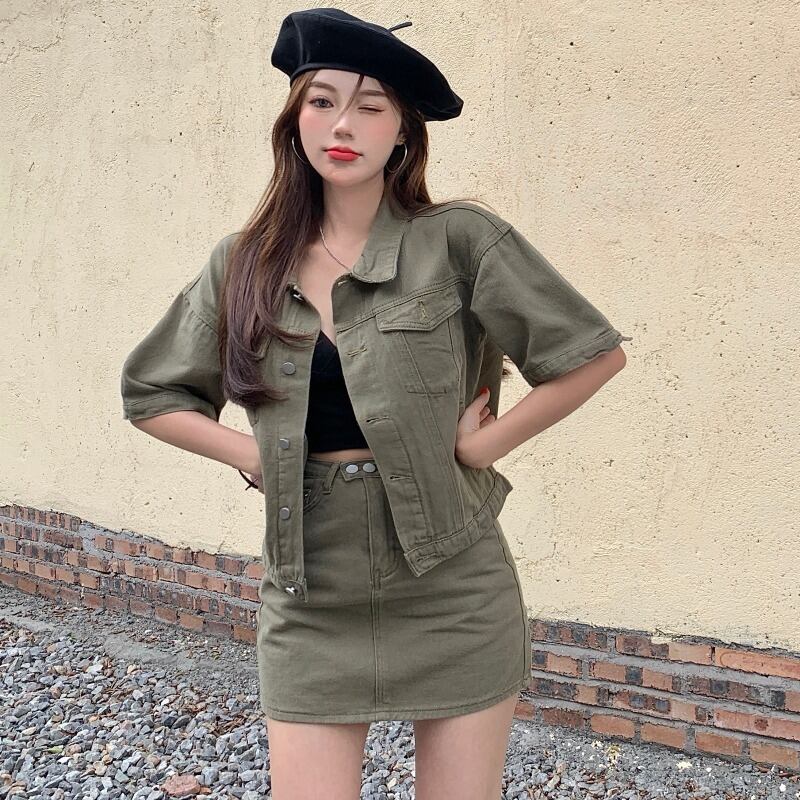 サマーショートジャケット ウェストAライン薄手スカート ストリート 夏物 ハンチェンe62295454437