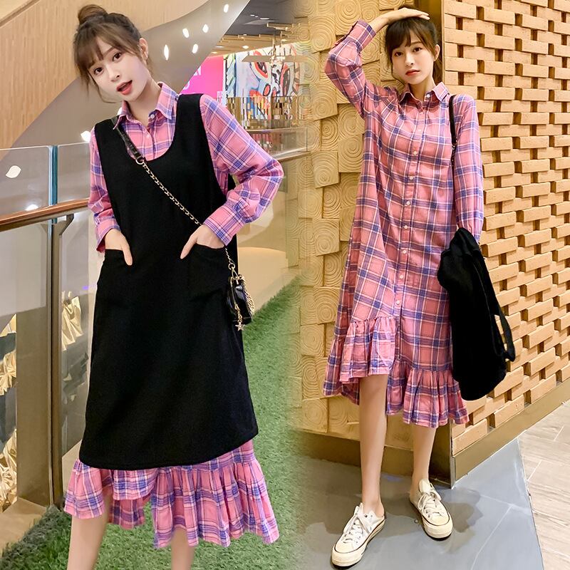 【新作】【送料無料】 マタニティドレス2019秋の新しい格子縞の非対称マタニティドレスファッションルーズミドル丈マタニティドレス-アリババ オータム 秋物 expec215899881010