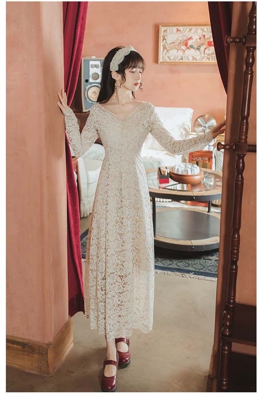 ロング丈ワンピース カジュアルワンピース レディースファション 普段着 デート 女子会 プレゼント 通勤 S M L 長袖 文芸的 合わせやすい Vネック レース Aライン フィッシュテール ベージュ Dresszone