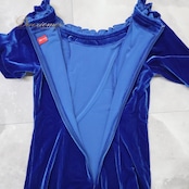 フラダンス 衣装 ワンピース ドレス マーメイドライン エムエムジェイ ブルー系 MermaidLine MMJ 日本製 ベロア 五分袖 無地 フリル かわいい 上品 きれい 高級感 光沢感 青 ハワイアン アロハ ハワイアンプリント フラ ダンス レッスン