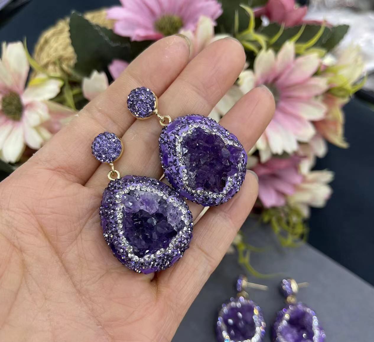 天然石 天然アメジスト水晶原石 ピアス